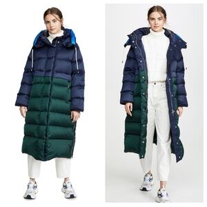 TORY BURCH SPORT Blue Green Colorblock Satin Down Oversize Long Puffer Coat XS